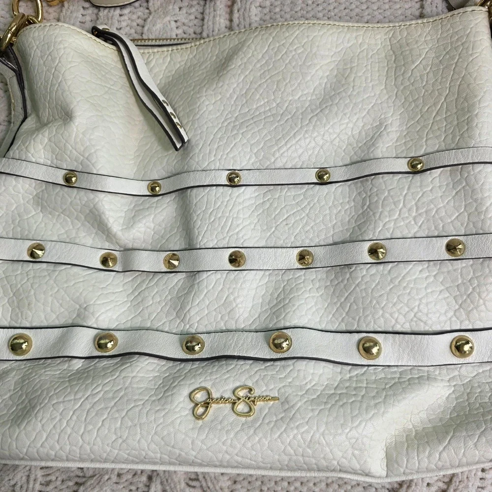 Jessica Simpson Hobo Bag White Gold Studded Faux Leather Shoulder Y2k Summer‎